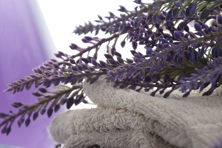 Several sprigs of lavender in front of a white background laying on top of beige towels.